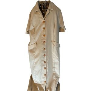 Halmode Plus Size 22W Beige Button Front Midi Dress Short Sleeve Collared